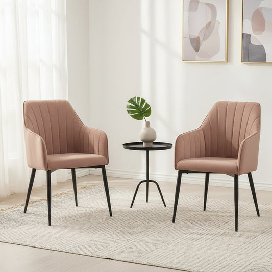 Carlton Furniture Pair of Oliver Dining Chairs fully upholstered in a Tawny Fabric with vertical stitching detail and piping detail. 