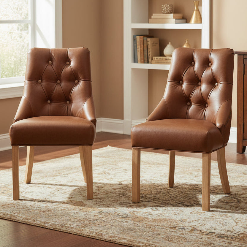 Carlton Furniture Pair of Stanton Chairs in 3L Cerato Brown Leather with deep button tufting to the backrest and natural solid wood legs