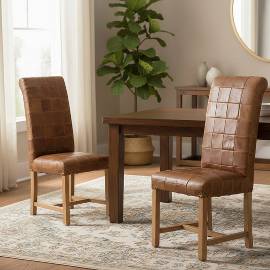 Carlton Furniture Pair of Windermere Rollback Chairs in Patchwork 3L Tan and Brown Leather, with natural solid wood legs