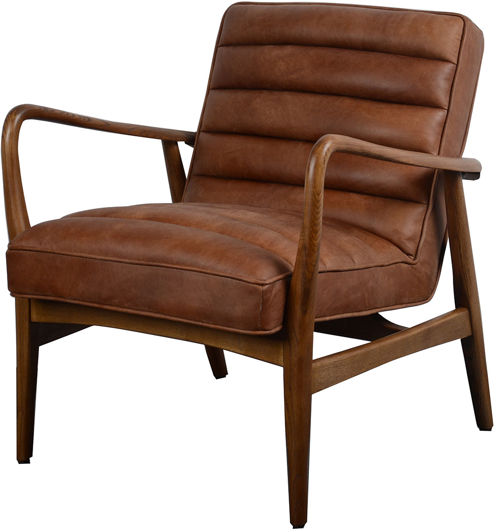 Carlton Furniture Ribble Chair features a ribbed brown leather cushioned seat and backrest, and a sculpted wooden frame for a retro feel