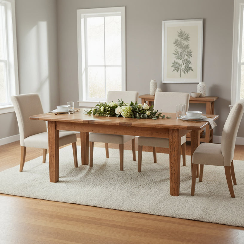 Carlton Furniture Rustic Manor 1500×900 Extending Dining Table has a classic design and is made from solid oak with a warm finish, can seat 4-6 people when extended