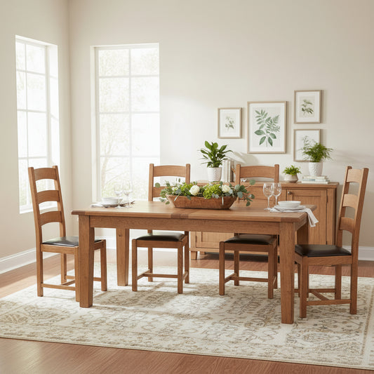 Carlton Furniture Rustic Manor 1500 Extending Rectangular Dining Table and 4 Chairs with ladder back design in a solid oak wood for a traditional look and feel