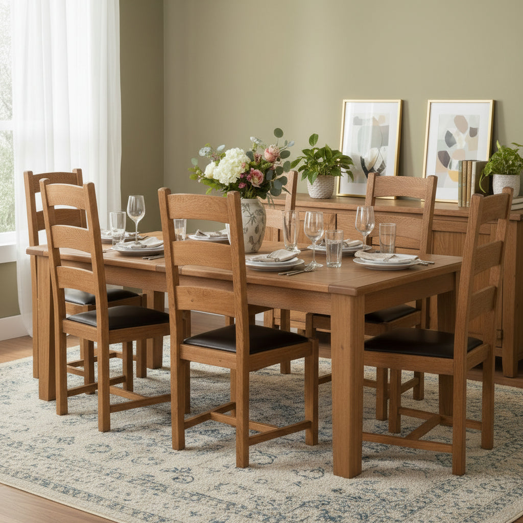 Carlton Furniture Rustic Manor 150cm Extending Dining Table in solid oak wood and 6 matching ladder back chairs with padded seats