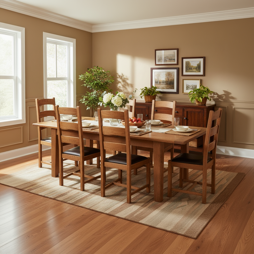 Carlton Furniture Rustic Manor 180cm Extending Dining Table in solid oak wood, and 6 matching ladder back chairs with padded seats