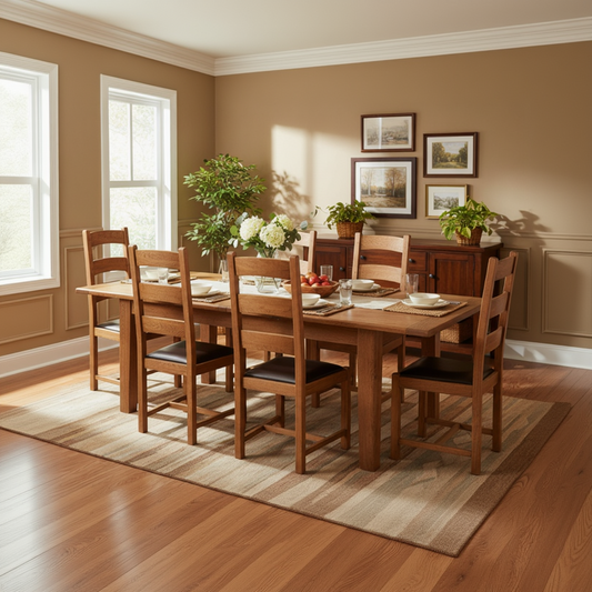 Carlton Furniture Rustic Manor 180cm Extending Dining Table in solid oak wood, and 6 matching ladder back chairs with padded seats