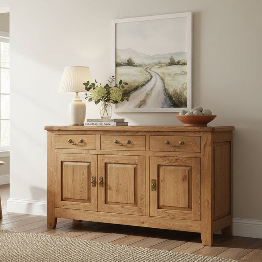 Carlton Furniture Rustic Manor 3 Door Sideboard constructed from a warm oak wood, features 3 drawers and 3 cupboard doors for plenty of storage space