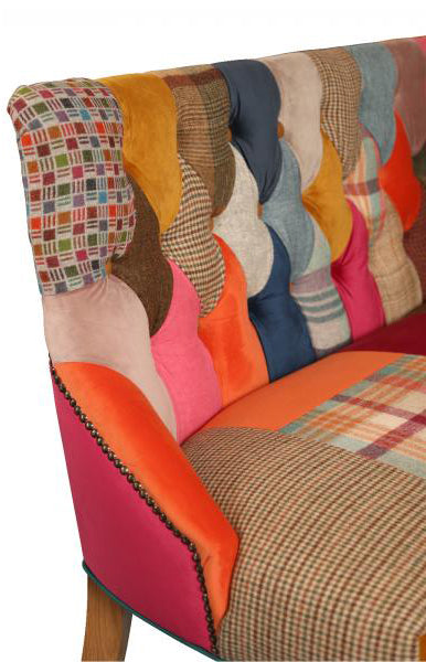 Carlton Furniture Stanton 3 Seat Bench Upholstery in Patchwork design with brass stud detailing and deep button tufting 