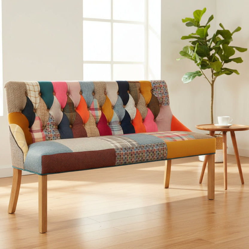 Carlton Furniture Stanton 3 Seat Dining Bench in Patchwork upholstery with deep button tufting to the backrest, and wooden legs