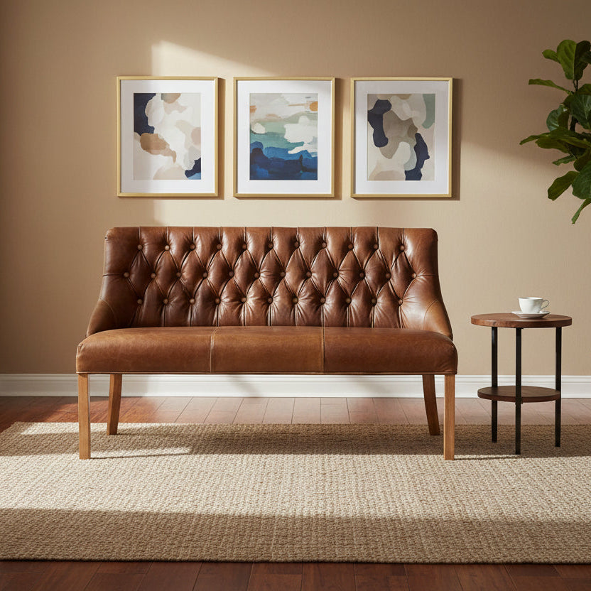 Carlton Furniture Stanton 3 Seat Dining Bench in Cerato Brown Leather upholstery with button detailing to the backrest and wooden legs