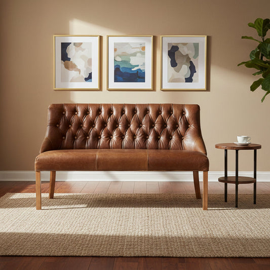 Carlton Furniture Stanton 3 Seat Dining Bench in Cerato Brown Leather upholstery with button detailing to the backrest and wooden legs