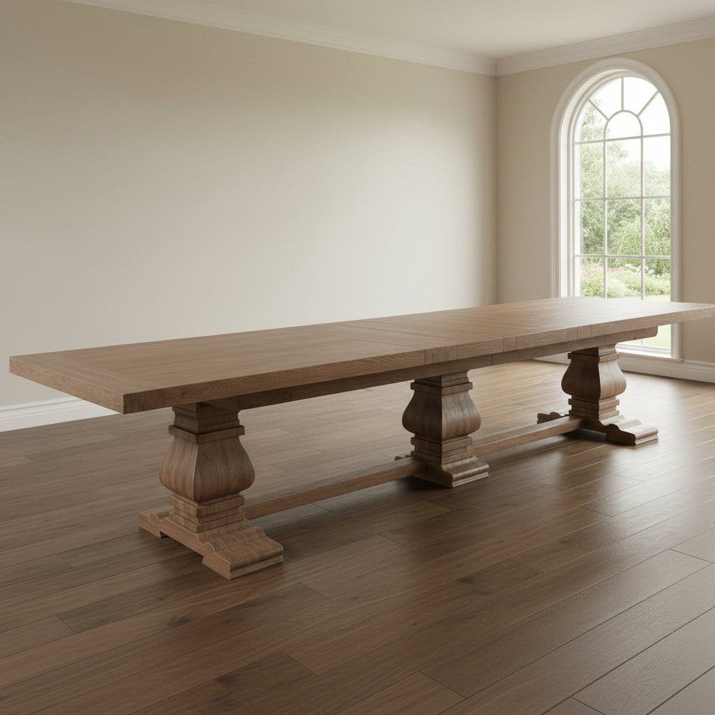 Carlton Furniture Windermere Grand Ark Royal Monastery Table, crafted from solid oak wood in Grey Oiled Finish, with 3 pedestal leg base. Can seat between 16-20 people 