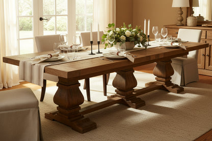 Carlton Furniture Windermere Grand Ark Royal Monastery Extending Dining Table in Natural oak, with a solid wood table top and 3 chunky pedestal legs, this table can seat up to 20 people when fully extended