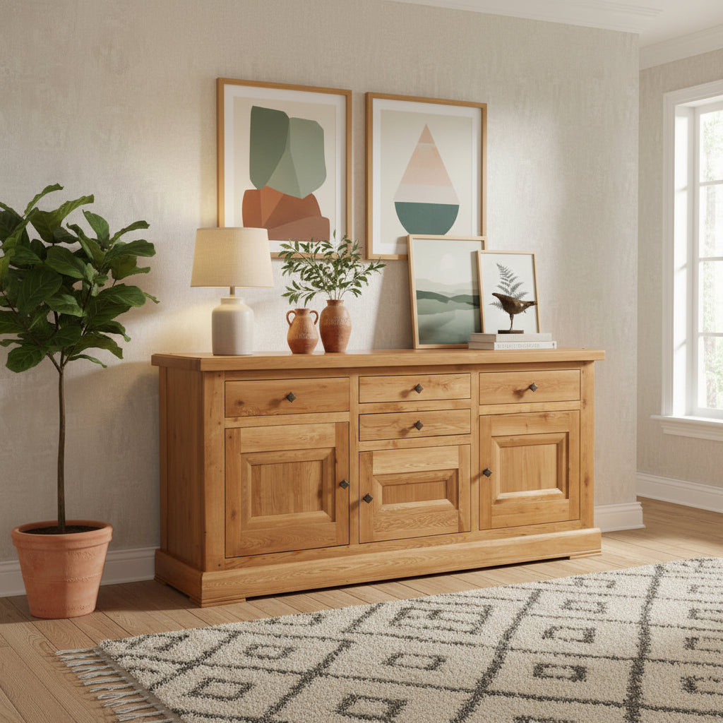 Carlton Furniture Windermere Lyon 3 Door Sideboard is a large cabinet with 3 cupboards and 4 drawers of various sizes that can accommodate, cutlery, linens and tableware easily