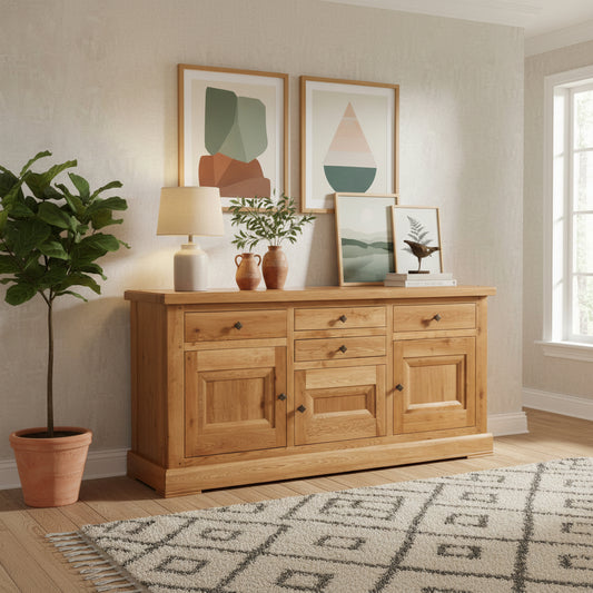 Carlton Furniture Windermere Lyon 3 Door Sideboard is a large cabinet with 3 cupboards and 4 drawers of various sizes that can accommodate, cutlery, linens and tableware easily