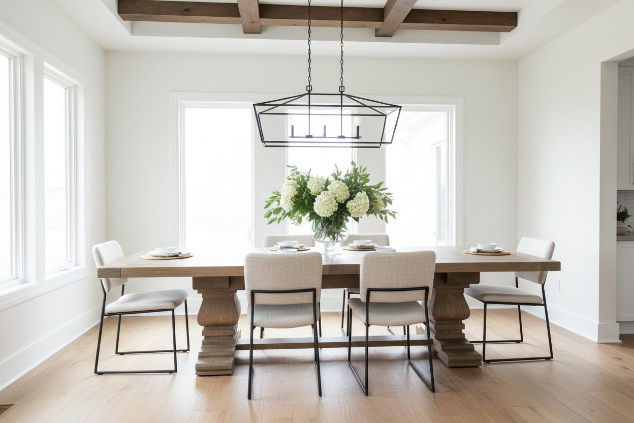 Carlton Furniture Windermere Rustic Monastery Extending Dining Table in Grey Oil Finish, with a thick plank style table top and turned pedestal bases in solid oak wood