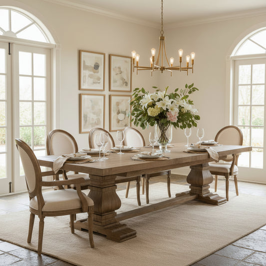 Carlton Furniture Windermere Rustic Monastery Extending Dining Table in Grey Oil Finished chunky oak wood with solid pedestal legs and a thick table top