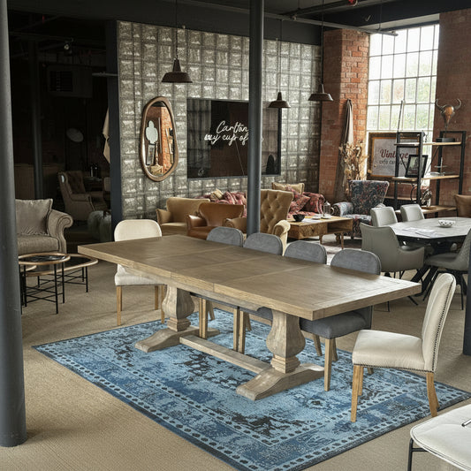 Carlton Furniture Windermere Small Monastery Extending Oak Dining Table in a Grey Finish, with turned pedestal legs, can be extended from 180cm to 280cm which will seat between 8-12 people