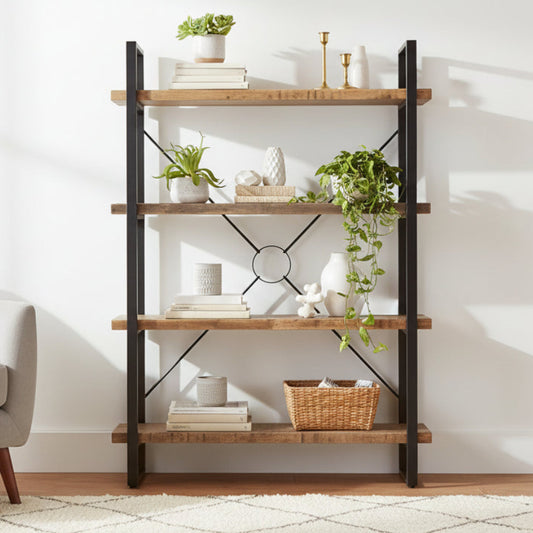 Carlton Furniture Black Metal X-O Bookcase with 4 Sleeper Wood open shelves
