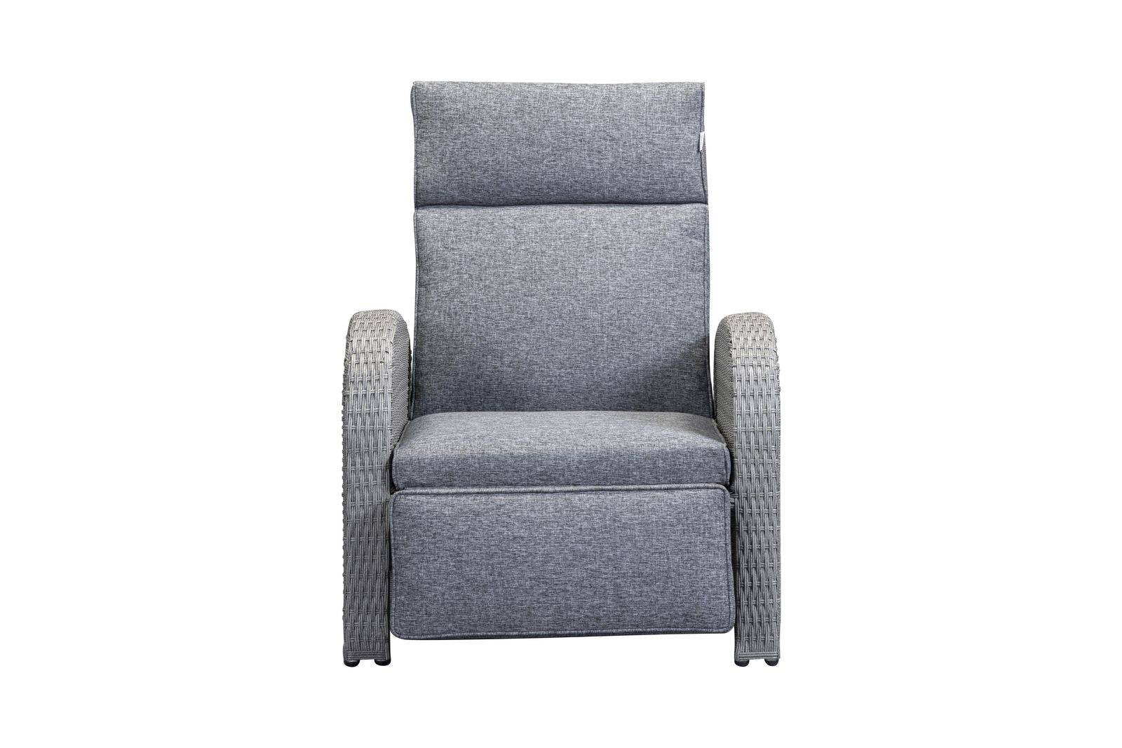 Chelsea Bermuda Reclining Lounge Set in Grey Weave rattan, includes 2 fully reclining lounge chairs and a small side table 