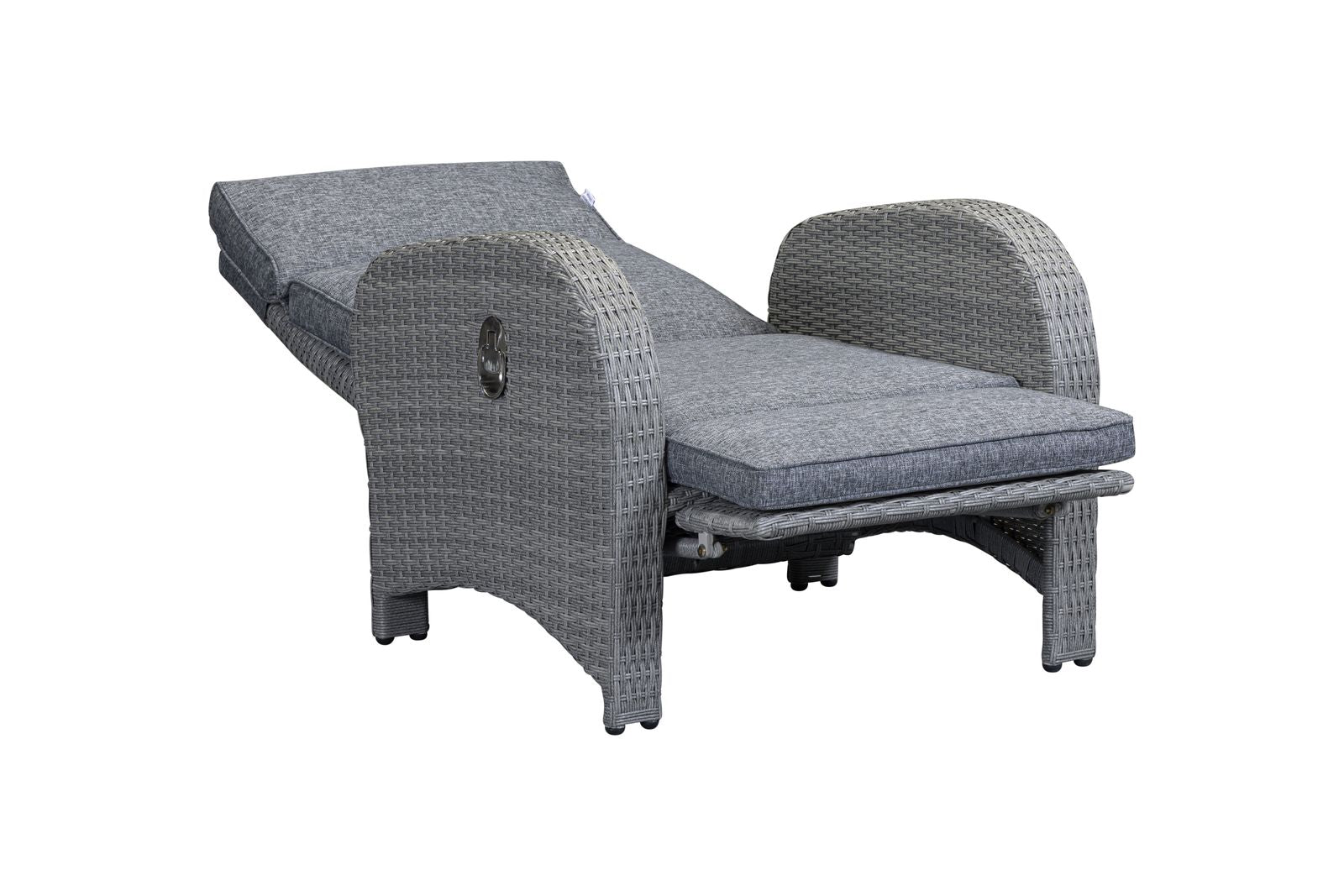 Chelsea Bermuda Reclining Lounge Set in Grey Weave features 2 fully reclining lounger chairs with smooth lever mechanism and grey padded cushions