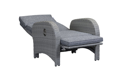 Chelsea Bermuda Reclining Lounge Set in Grey Weave features 2 fully reclining lounger chairs with smooth lever mechanism and grey padded cushions