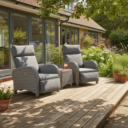 Chelsea Bermuda Reclining 3 Piece Lounge Set in Grey Weave rattan with padded grey cushions and a matching side table