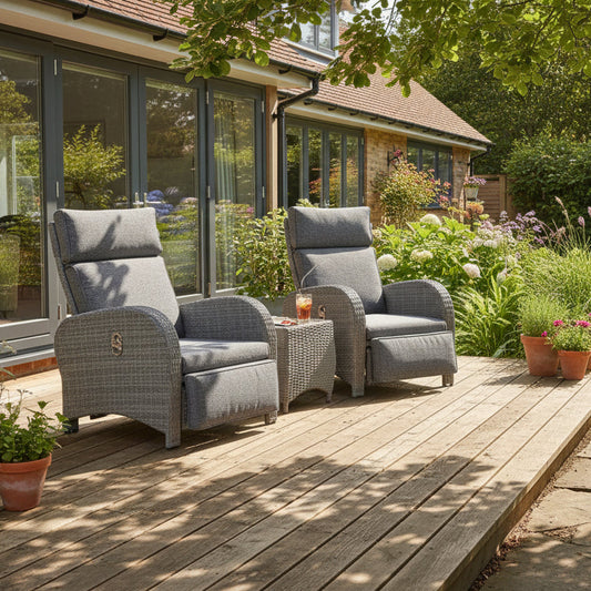Chelsea Bermuda Reclining 3 Piece Lounge Set in Grey Weave rattan with padded grey cushions and a matching side table