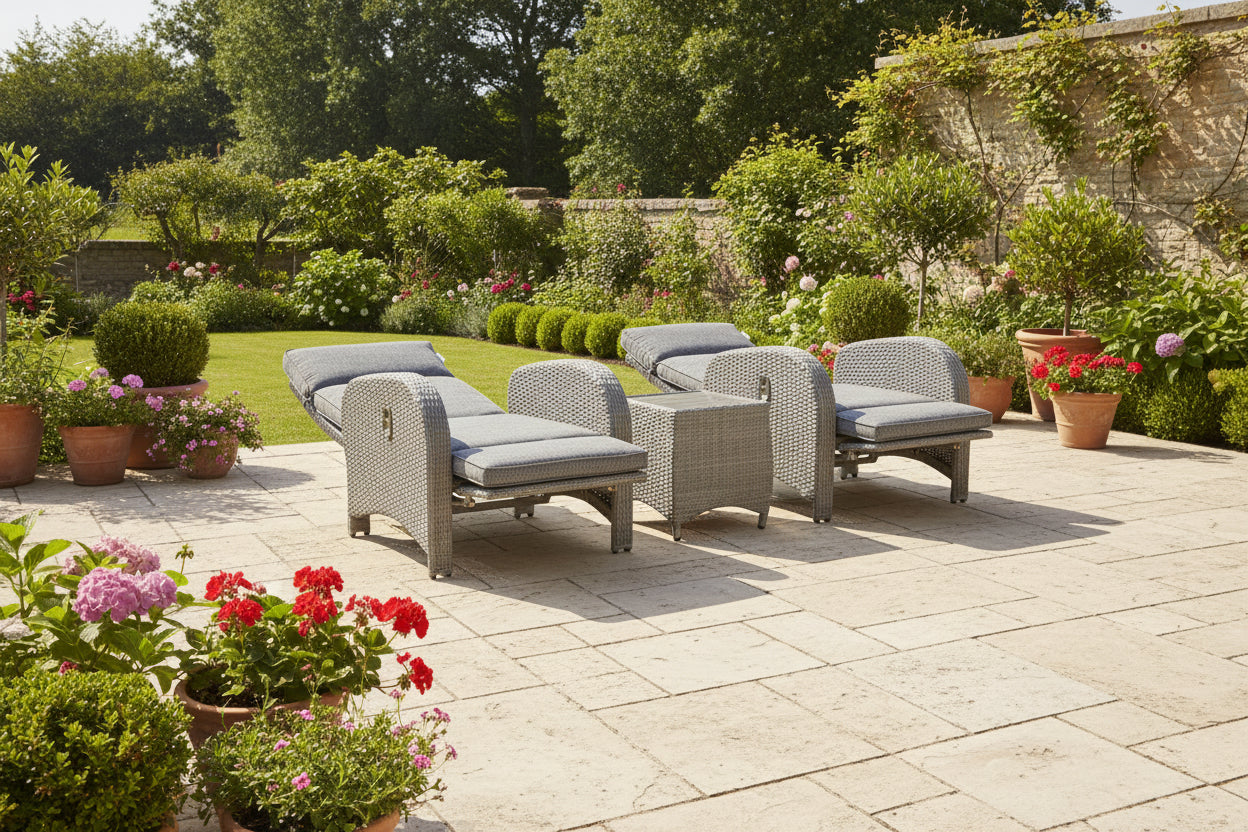Chelsea Bermuda 3 Piece Lounge Set in Grey Weave rattan features 2 reclining lounge chairs with grey padded cushions and a small side table