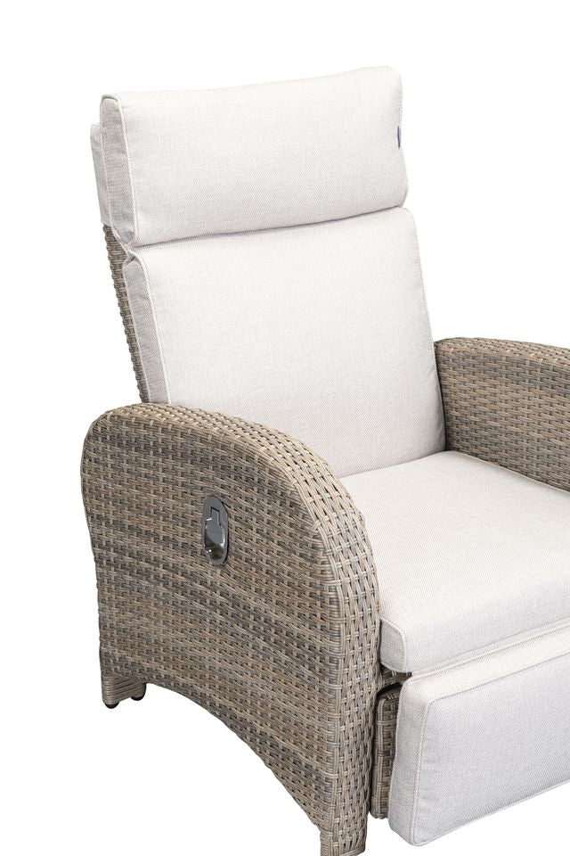 Chelsea Bermuda Reclining Lounge Set features 2 reclining chairs with smooth handle mechanism in a Natural Weave rattan frame with cream padded seat cushions