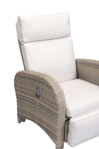 Chelsea Bermuda Reclining Lounge Set features 2 reclining chairs with smooth handle mechanism in a Natural Weave rattan frame with cream padded seat cushions
