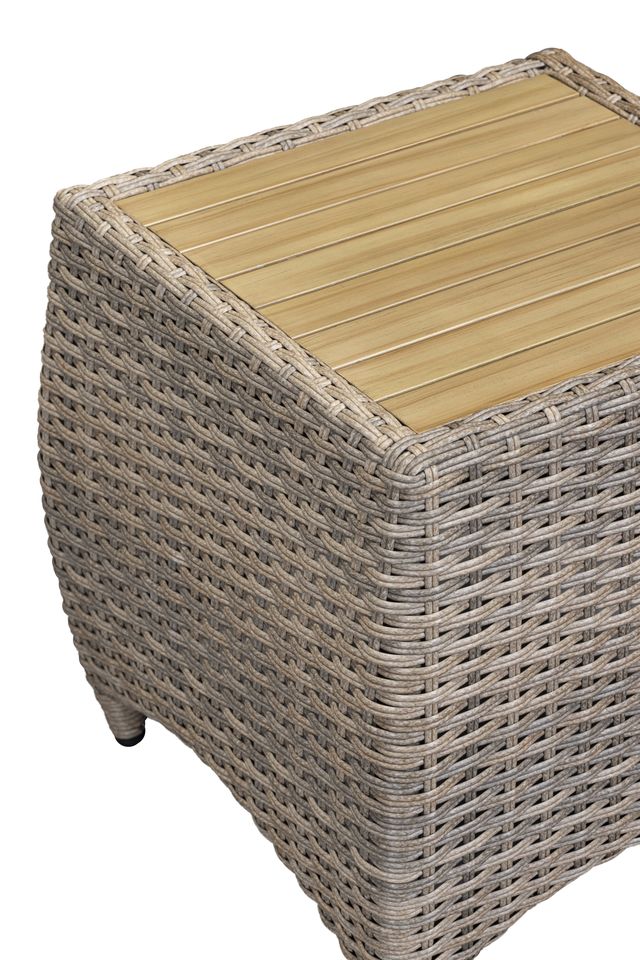 Chelsea Bermuda Reclining Lounge Set features 2 chairs and a matching side table in a Natural Weave rattan with wood-effect top 