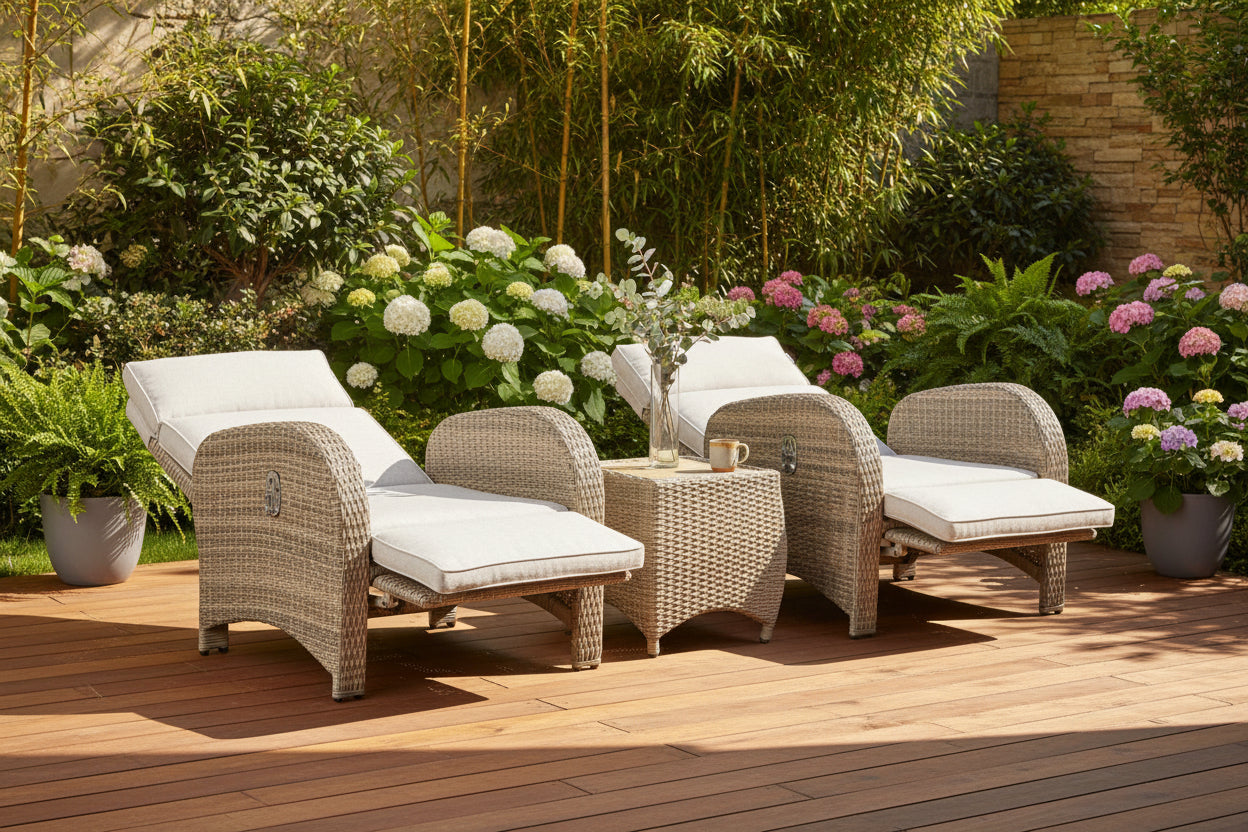 Chelsea Bermuda Reclining Lounge Set features 2 reclining lounge chairs with cream seat cushions and a matching side table, crafted in a Natural Weave rattan