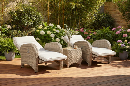 Chelsea Bermuda Reclining Lounge Set features 2 reclining lounge chairs with cream seat cushions and a matching side table, crafted in a Natural Weave rattan