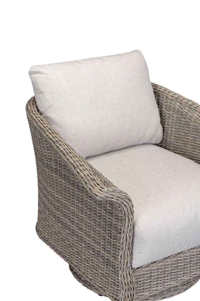 Chelsea Java Swivel Set in Natural Weave wicker features 2 360 degree swivel armchairs with generously padded seat and back cushions 