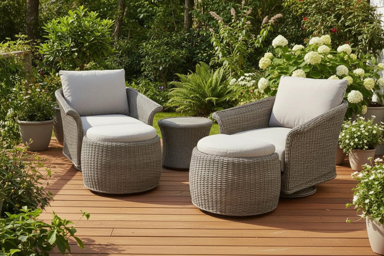 Chelsea Java Swivel Set in Natural Weave wicker features 2 swivel armchairs and 2 footstools with a small side table included
