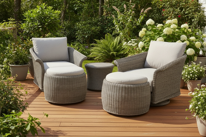 Chelsea Java Swivel Set in Natural Weave wicker features 2 swivel armchairs and 2 footstools with a small side table included