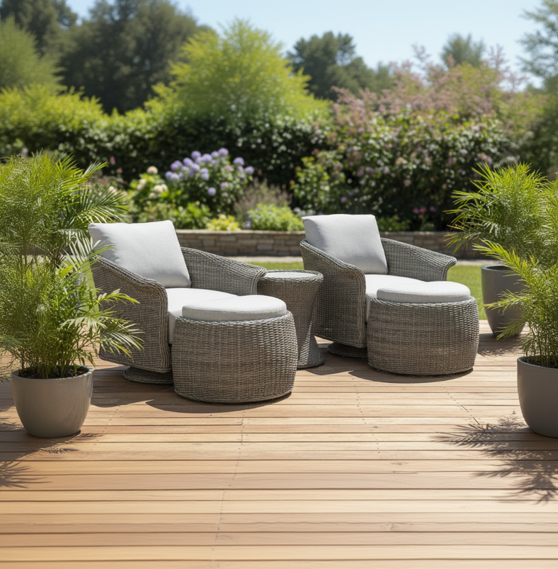 Chelsea Java Swivel Set features 2 armchairs with cushions and matching footstools, and a small round side table, constructed in a Natural Weave wicker