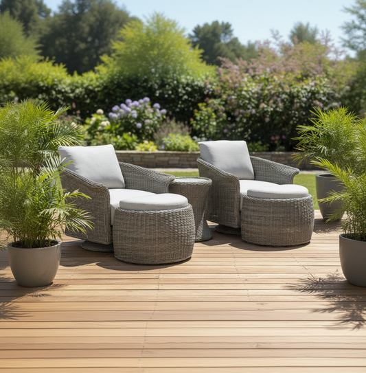 Chelsea Java Swivel Set features 2 armchairs with cushions and matching footstools, and a small round side table, constructed in a Natural Weave wicker