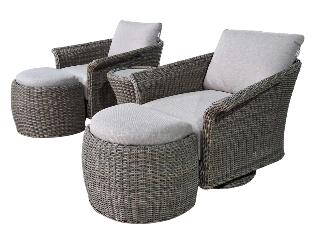 Chelsea Java Swivel Set in Natural Weave wicker comprises of 2 swivel armchairs with matching footstools and a small round side table