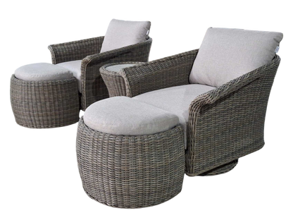 Chelsea Java Swivel Set in Natural Weave wicker comprises of 2 swivel armchairs with matching footstools and a small round side table