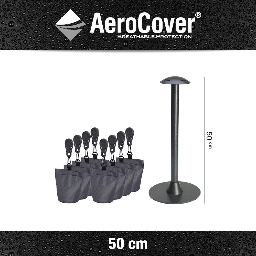 The AeroCover Support Pole Set – 24cm x 10cm x 20cm features a support pole to help water run off and 8 bags for sand that can be attached to your furniture covers to help weigh them down