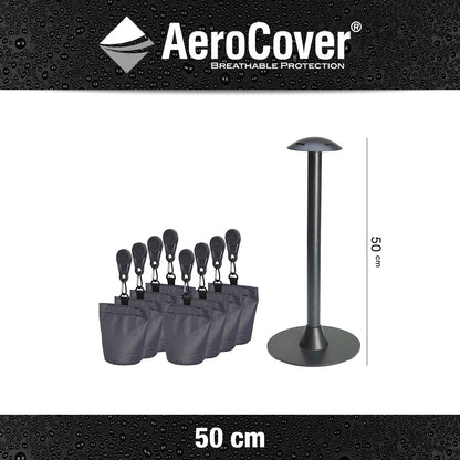 The AeroCover Support Pole Set – 24cm x 10cm x 20cm features a support pole to help water run off and 8 bags for sand that can be attached to your furniture covers to help weigh them down