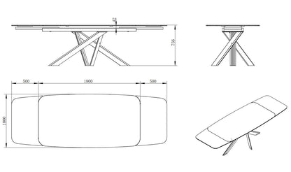 Dimension drawing of the Florence Extending Oval Dining Table in Ceramic Volcano: length 190–290cm, width 100cm and height 75.6cm.
