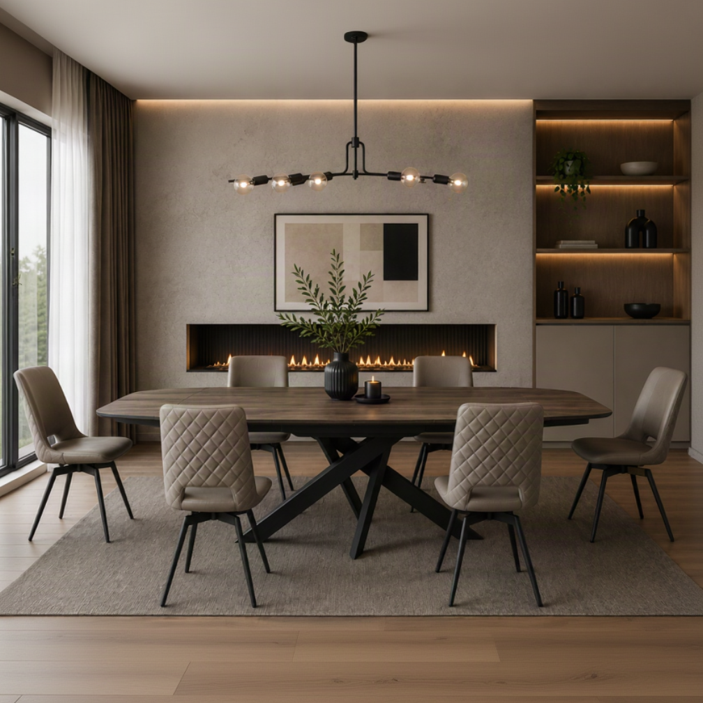Florence Small Extending Dining Table in Woodgrain with a warm woodgrain top and black base, styled with neutral upholstered chairs.