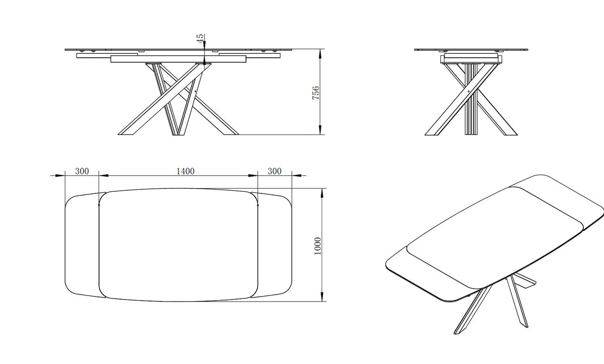 Dimension drawing of the Florence Small Extending Dining Table in Woodgrain: length 140–200cm, width 100cm and height 75.6cm.