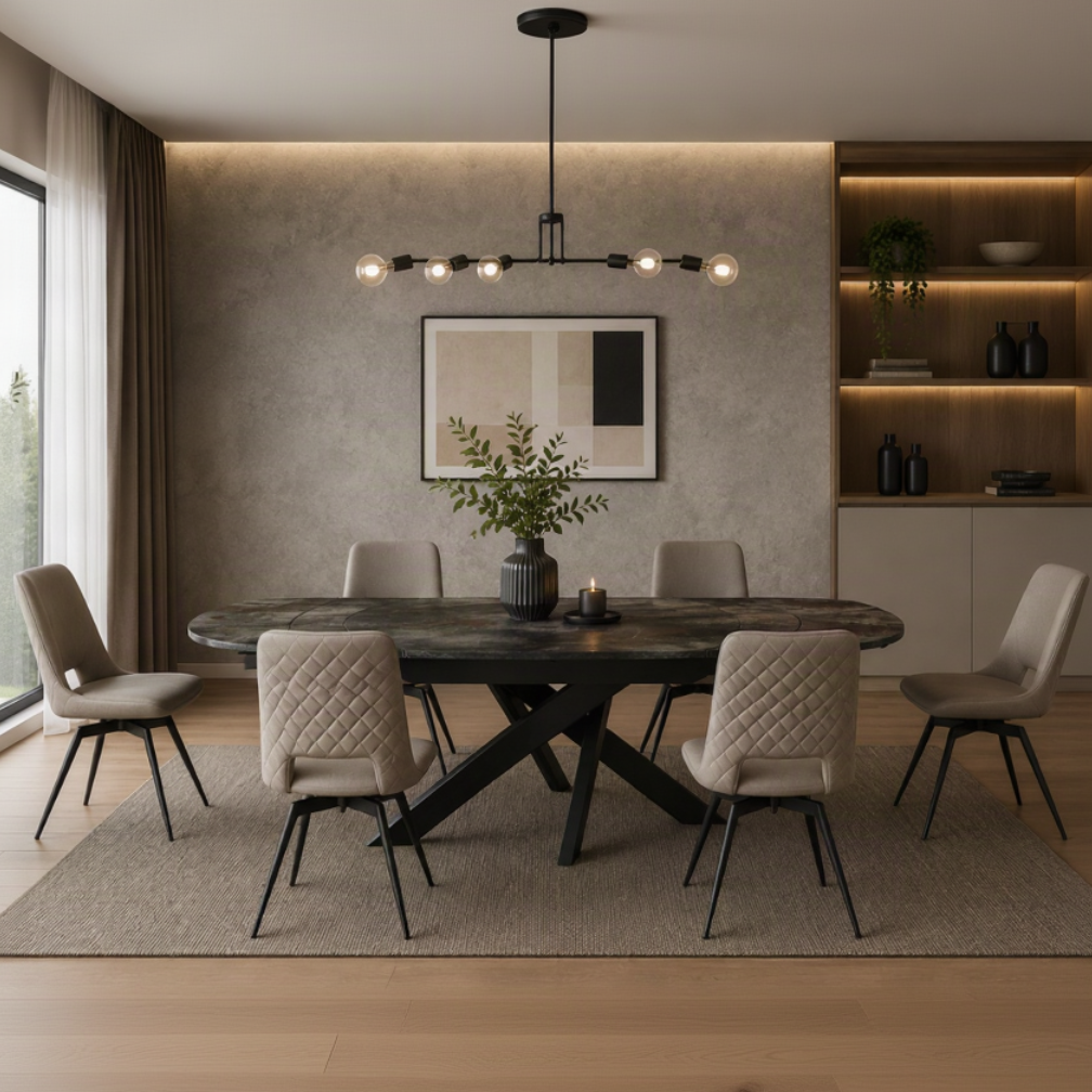 Florence Small Extending Dining Table in Ceramic Volcano with a dark rounded top and black base, styled with upholstered dining chairs.