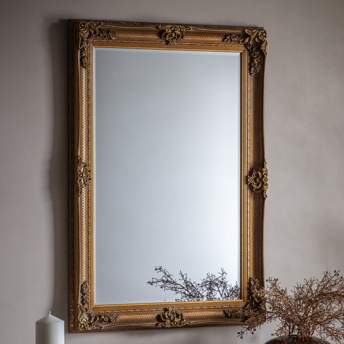 Gallery Direct Abbey Rectangle Mirror Gold displayed in a styled interior