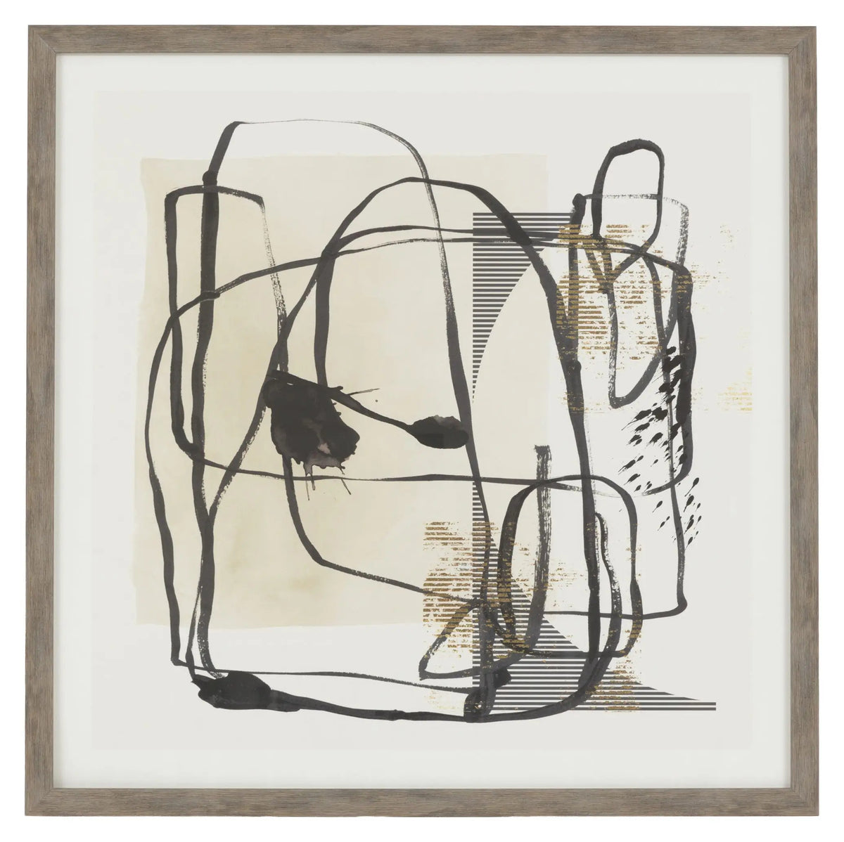 Gallery Direct Abstract Framed Art, front view showing dark looping lines, neutral tones and gold highlights