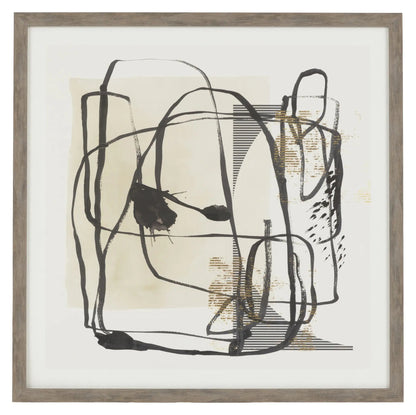 Gallery Direct Abstract Framed Art, front view showing dark looping lines, neutral tones and gold highlights