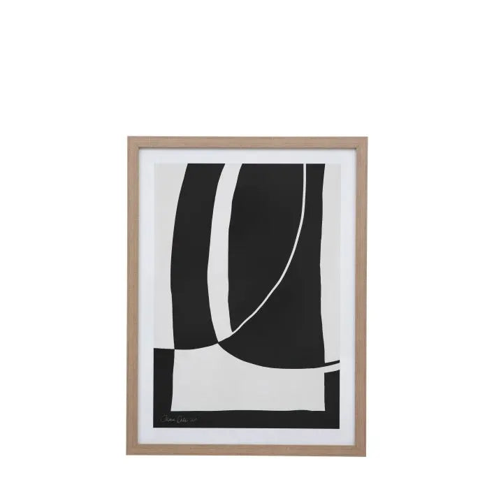 Gallery Direct Abstract Noir et Blanc Framed Artwork features a compelling black and white abstract geometric design with a natural light wood effect frame